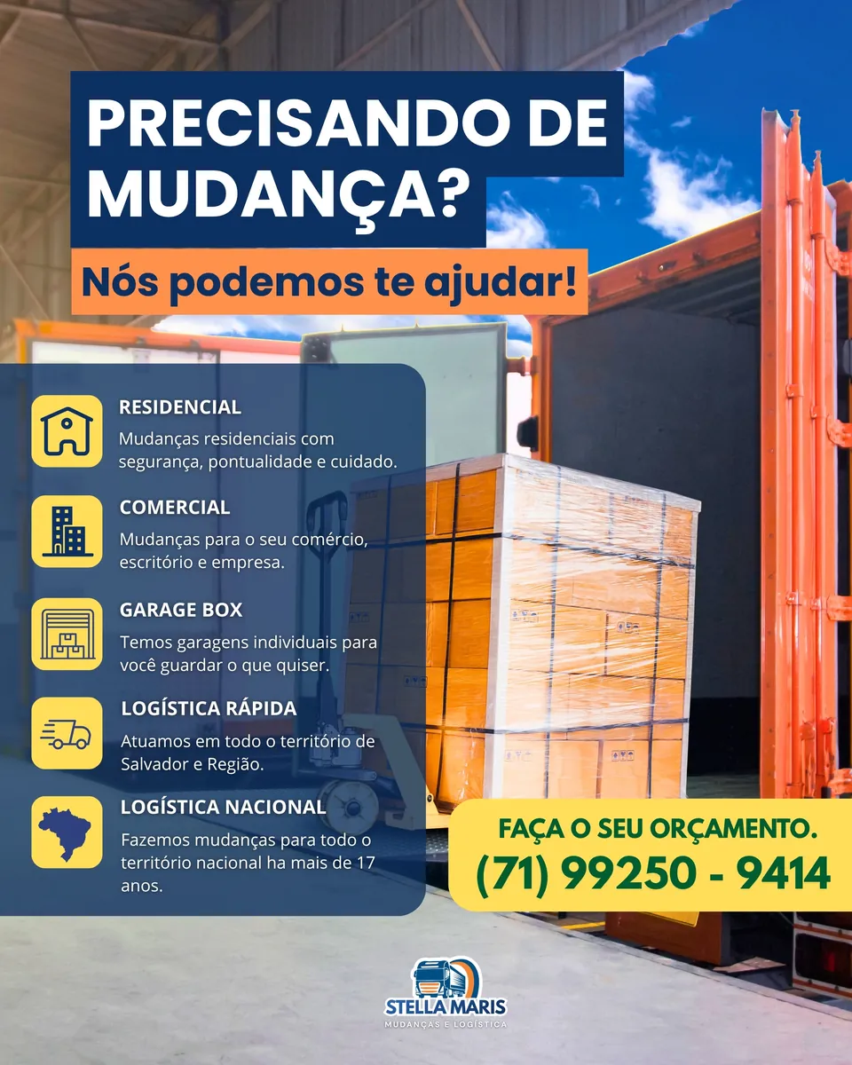Arte com os serviços residencial, comercial, garage box, logística rápida e logística nacional, ao lado de um caminhão com carga embalada